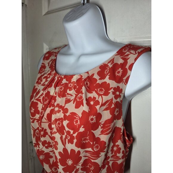 JH Red Pink Sleeveless Floral Chiffon Blouson A-Line Midi Dress Belted 14 - Picture 8 of 8